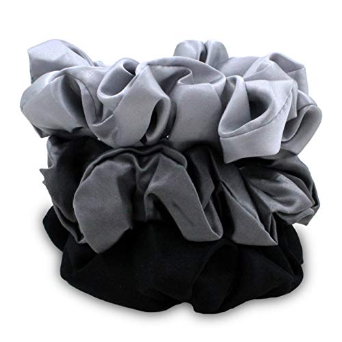 Mulberry Park Silks - Large - Black / Silver / Gunmetal (3 Pack) - 100% Pure Silk Hair Scrunchies - Gentle On All Hair Types - OEKO-TEX Certified