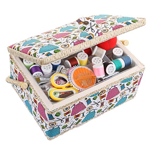 Large Sewing Box with Accessories Sewing Kit Organizer and Storage with Complete Sewing Tools - Wooden Sewing Basket with Removable Tray and Tomato Pincushion for Sewing Mending - Blue