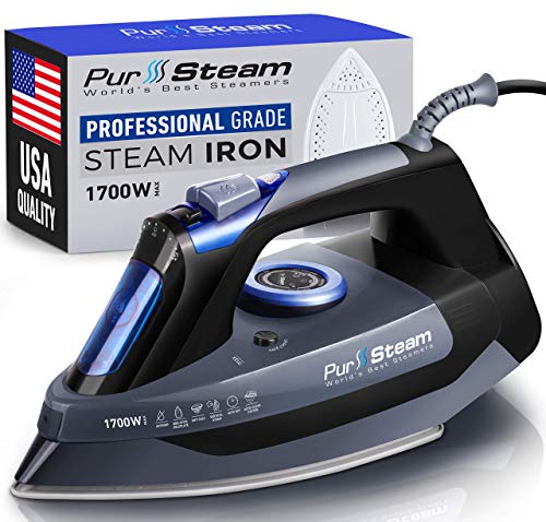 Professional Grade 1700W Steam Iron for Clothes with Rapid Even Heat Scratch Resistant Stainless Steel Sole Plate, True Position Axial Aligned Steam Holes, Self-Cleaning Function